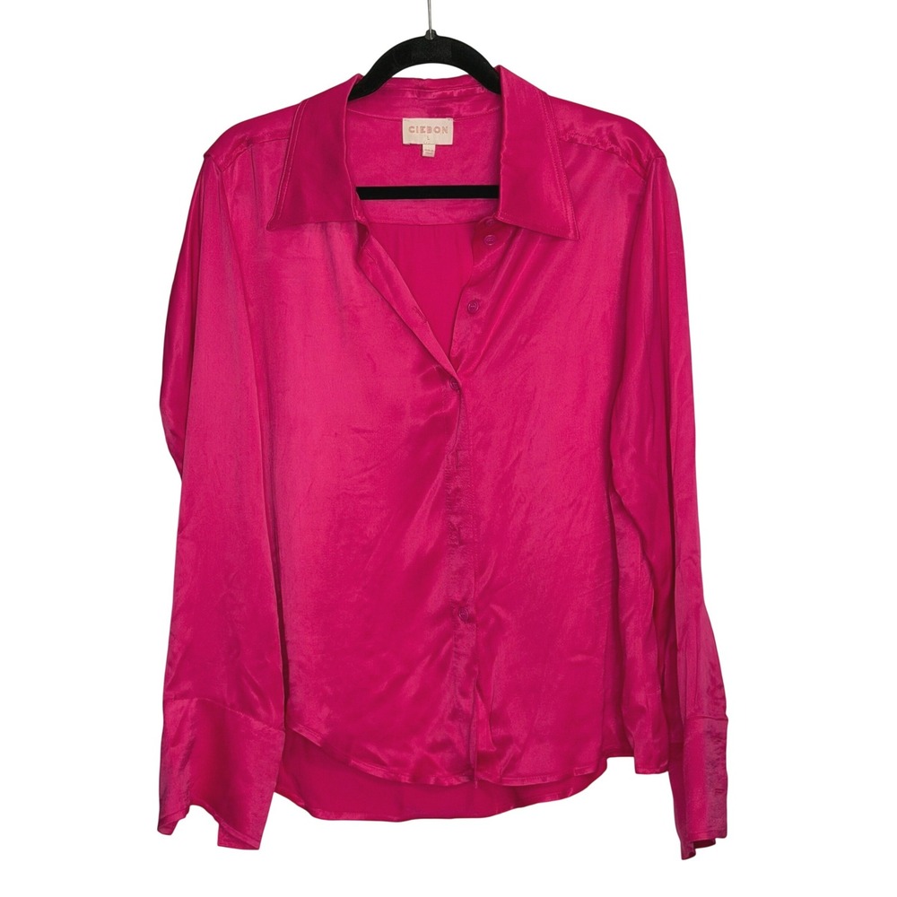 CIEBON Women Hot Pink 100%‎ Viscose Satin Button Down Blouse Long Sleeve Size L